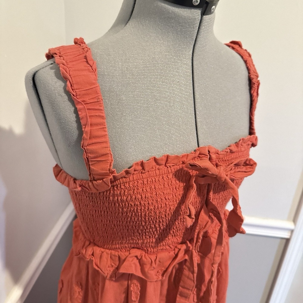 Farm Rio‎ smocked bodice 3D tonal pineapple embroidery Coral/Red M Maxi Dress - Picture 2 of 9